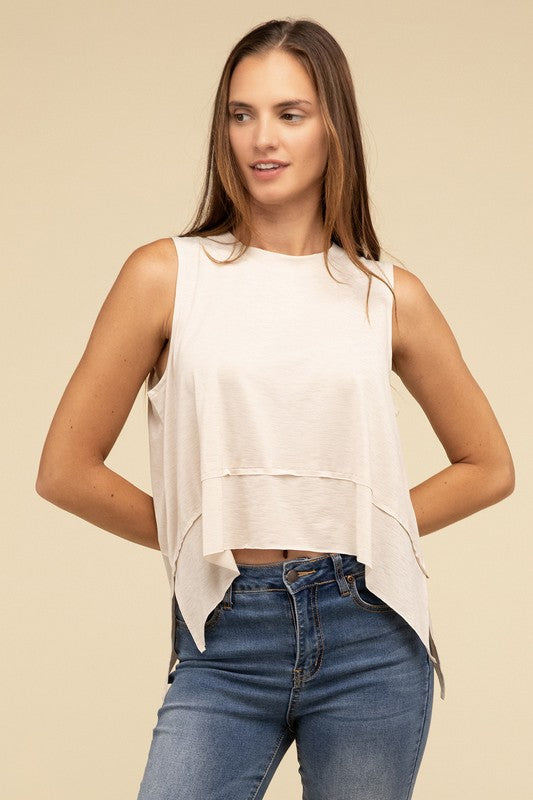 Shark Bite Side Slit Short Sleeveless Top-Timber Brooke Boutique, Online Women's Fashion Boutique in Amarillo, Texas