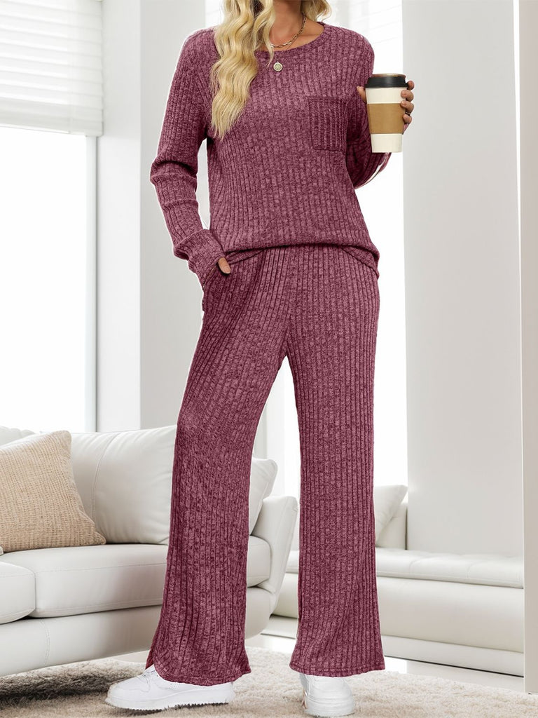 Round Neck Long Sleeve Top and Pants Set-Timber Brooke Boutique, Online Women's Fashion Boutique in Amarillo, Texas