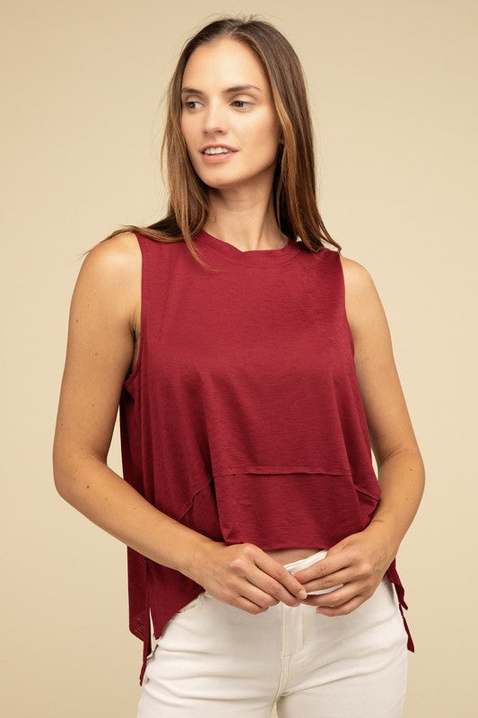 Shark Bite Side Slit Short Sleeveless Top-Timber Brooke Boutique, Online Women's Fashion Boutique in Amarillo, Texas