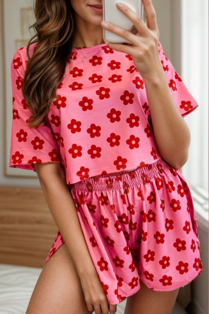 Flower Round Neck Top and Shorts Lounge Set-Timber Brooke Boutique, Online Women's Fashion Boutique in Amarillo, Texas