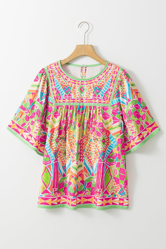 Printed Round Neck Half Sleeve Blouse-Timber Brooke Boutique, Online Women's Fashion Boutique in Amarillo, Texas