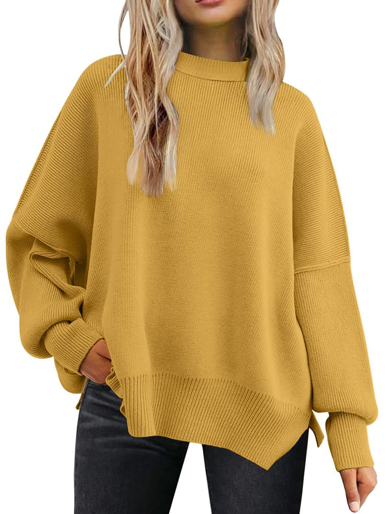 Slit Round Neck Dropped Shoulder Sweater-Timber Brooke Boutique, Online Women's Fashion Boutique in Amarillo, Texas