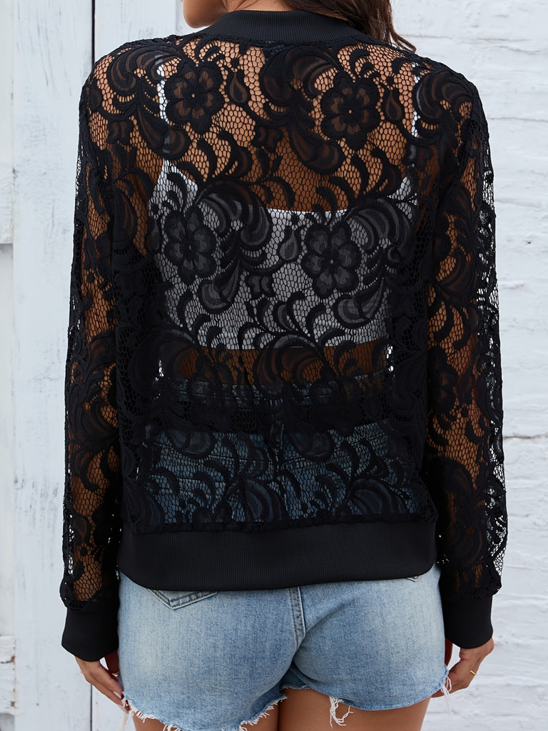 Sheer Lace Zip Up Long Sleeve Jacket-Timber Brooke Boutique, Online Women's Fashion Boutique in Amarillo, Texas