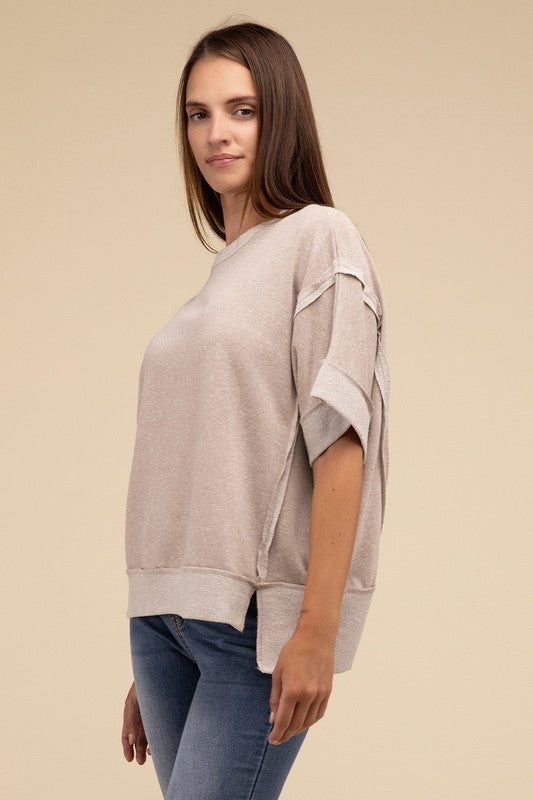 Contrast Trim Top Stitching Drop Shoulder Top-Timber Brooke Boutique, Online Women's Fashion Boutique in Amarillo, Texas