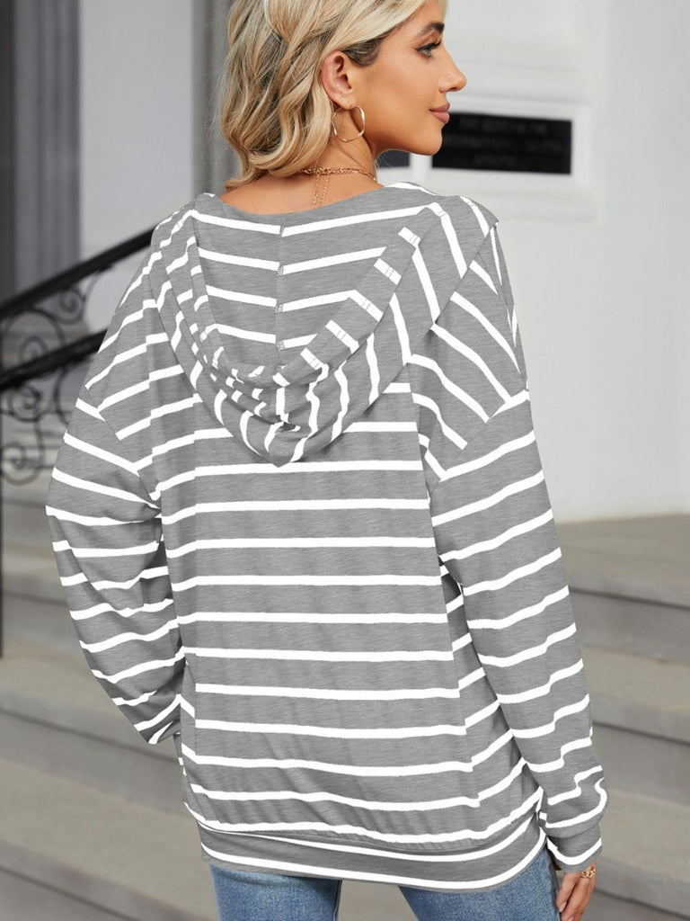 Drawstring Striped Long Sleeve Hoodie-Timber Brooke Boutique, Online Women's Fashion Boutique in Amarillo, Texas