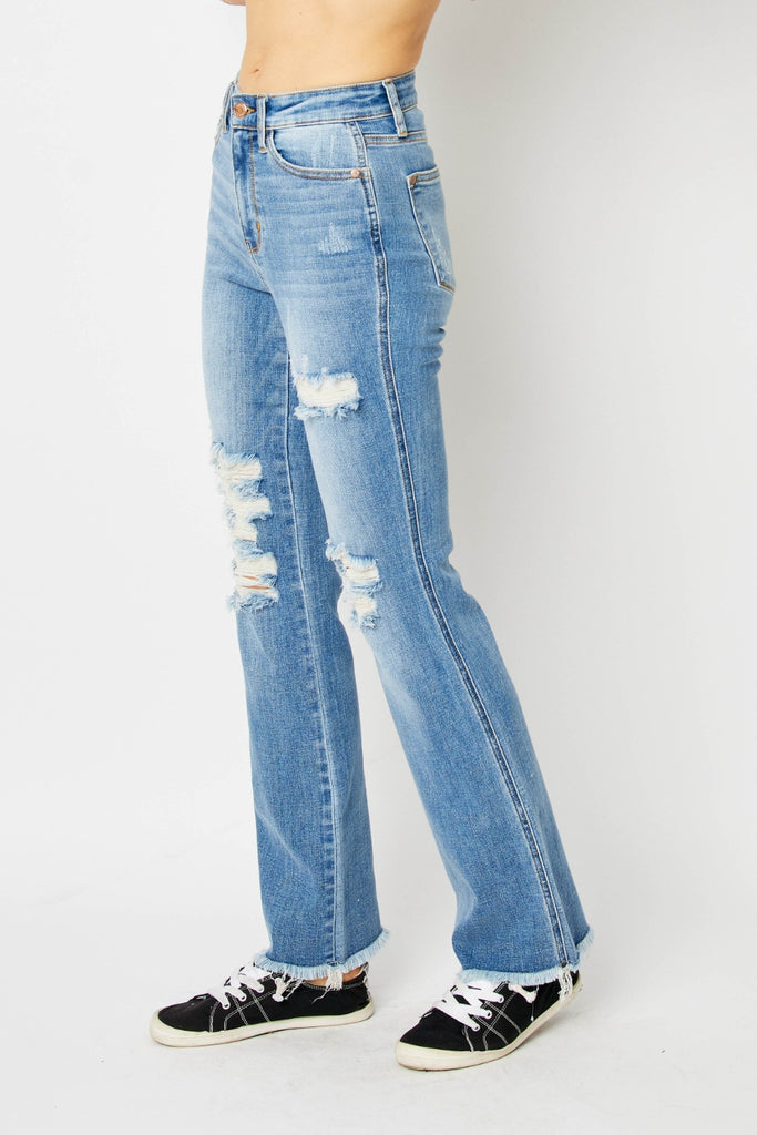 Judy Blue Full Size Distressed Raw Hem Bootcut Jeans-Timber Brooke Boutique, Online Women's Fashion Boutique in Amarillo, Texas