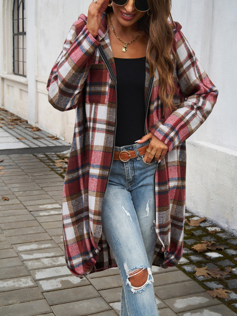 Plaid Zip Up Hooded Coat-Timber Brooke Boutique, Online Women's Fashion Boutique in Amarillo, Texas