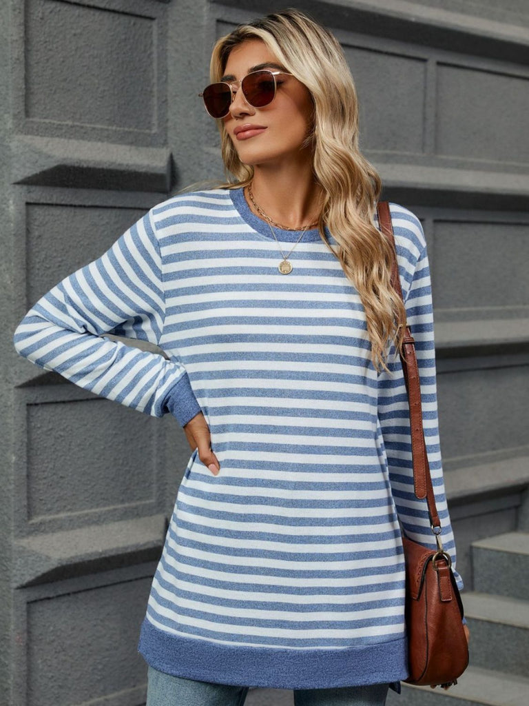 Striped Round Neck Long Sleeve T-Shirt-Timber Brooke Boutique, Online Women's Fashion Boutique in Amarillo, Texas