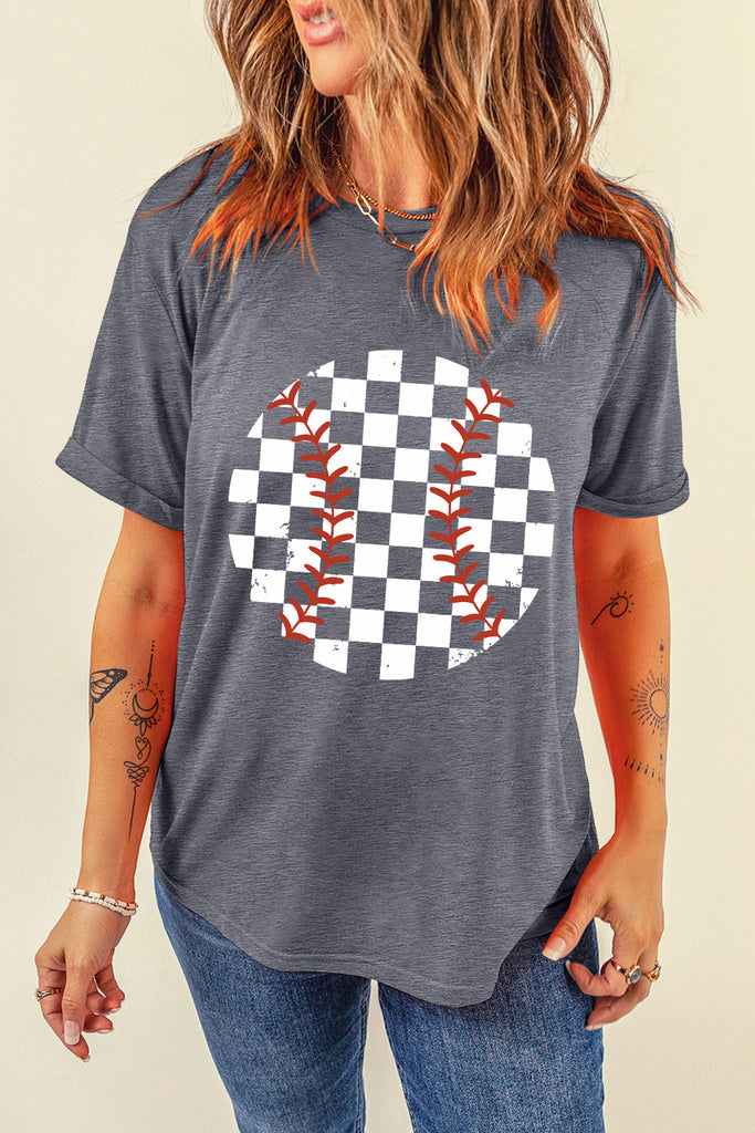 Checkered Graphic Round Neck Short Sleeve T-Shirt-Timber Brooke Boutique, Online Women's Fashion Boutique in Amarillo, Texas