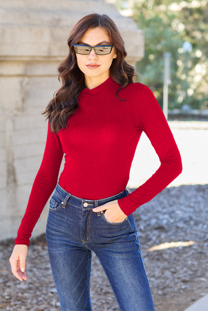 Basic Bae Full Size Mock Neck Long Sleeve Bodysuit-Long Sleeve Tops-Timber Brooke Boutique, Online Women's Fashion Boutique in Amarillo, Texas