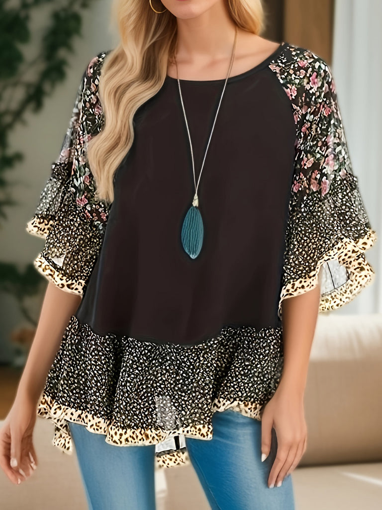 Full Size Frill Printed Round Neck Half Sleeve Blouse-Timber Brooke Boutique, Online Women's Fashion Boutique in Amarillo, Texas