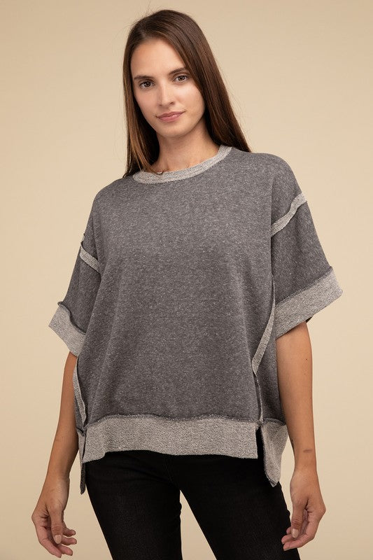 Contrast Trim Top Stitching Drop Shoulder Top-Timber Brooke Boutique, Online Women's Fashion Boutique in Amarillo, Texas