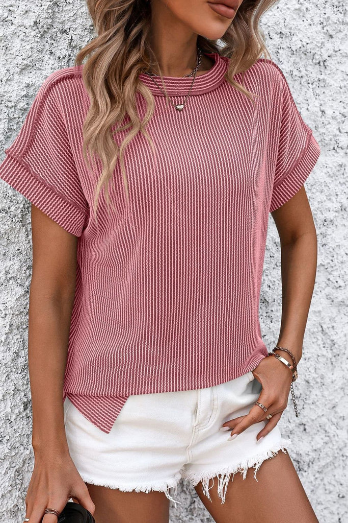 Striped Round Neck Short Sleeve T-Shirt-Timber Brooke Boutique, Online Women's Fashion Boutique in Amarillo, Texas