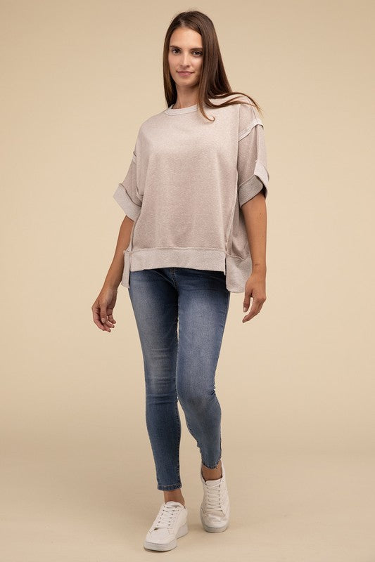 Contrast Trim Top Stitching Drop Shoulder Top-Timber Brooke Boutique, Online Women's Fashion Boutique in Amarillo, Texas