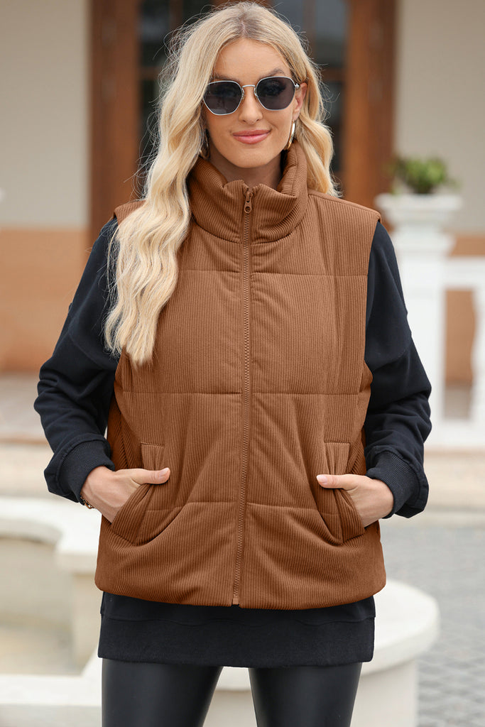 Pocketed Zip Up Turtleneck Vest Coat-Timber Brooke Boutique, Online Women's Fashion Boutique in Amarillo, Texas