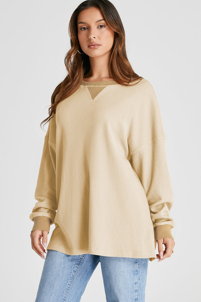 Waffle-Knit Long Sleeve Sweatshirt-Timber Brooke Boutique, Online Women's Fashion Boutique in Amarillo, Texas