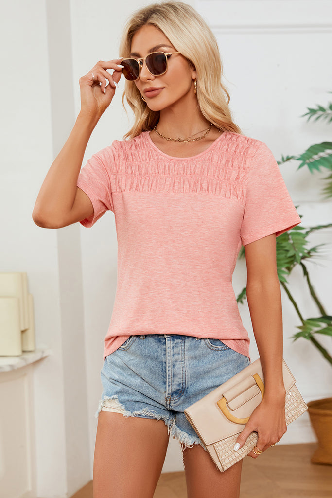 Ruched Round Neck Short Sleeve T-Shirt-Timber Brooke Boutique, Online Women's Fashion Boutique in Amarillo, Texas