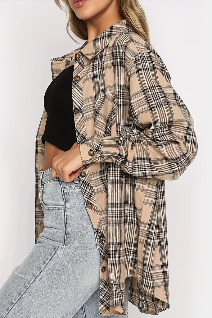 Plaid Collared Neck Long Sleeve Shirt-Timber Brooke Boutique, Online Women's Fashion Boutique in Amarillo, Texas