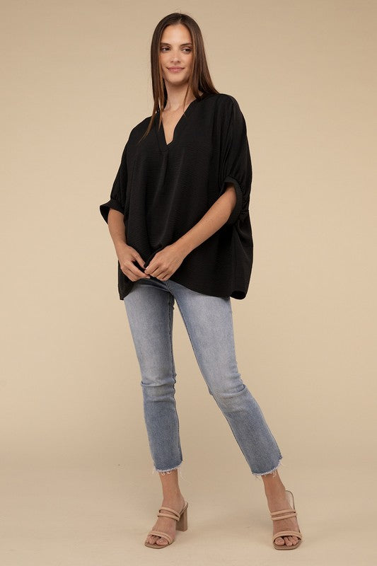 Woven Airflow V-Neck Puff Half Sleeve Top-Timber Brooke Boutique, Online Women's Fashion Boutique in Amarillo, Texas