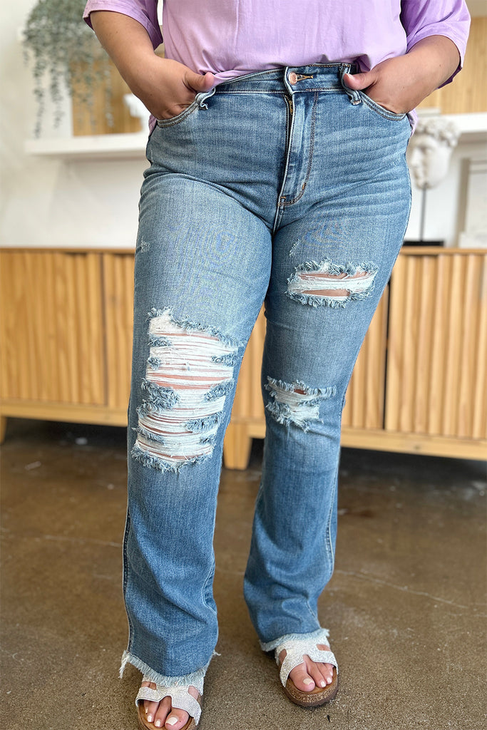 Judy Blue Full Size Distressed Raw Hem Bootcut Jeans-Timber Brooke Boutique, Online Women's Fashion Boutique in Amarillo, Texas