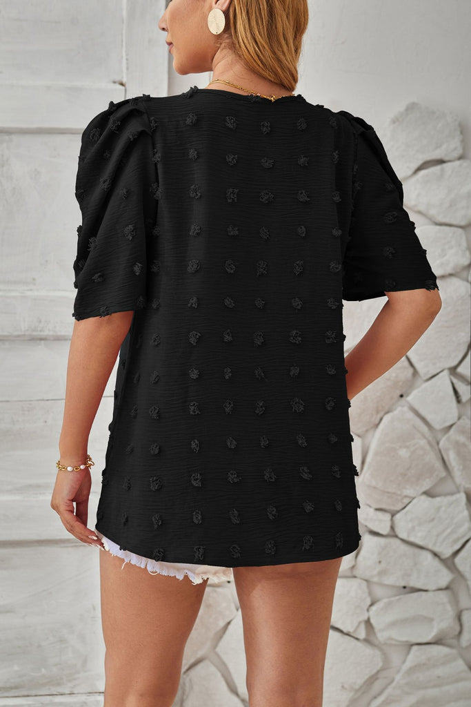 Swiss Dot Round Neck Short Sleeve Blouse-Timber Brooke Boutique, Online Women's Fashion Boutique in Amarillo, Texas