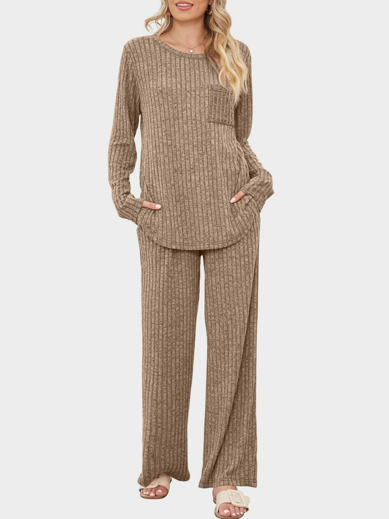 Round Neck Long Sleeve Top and Pants Set-Timber Brooke Boutique, Online Women's Fashion Boutique in Amarillo, Texas