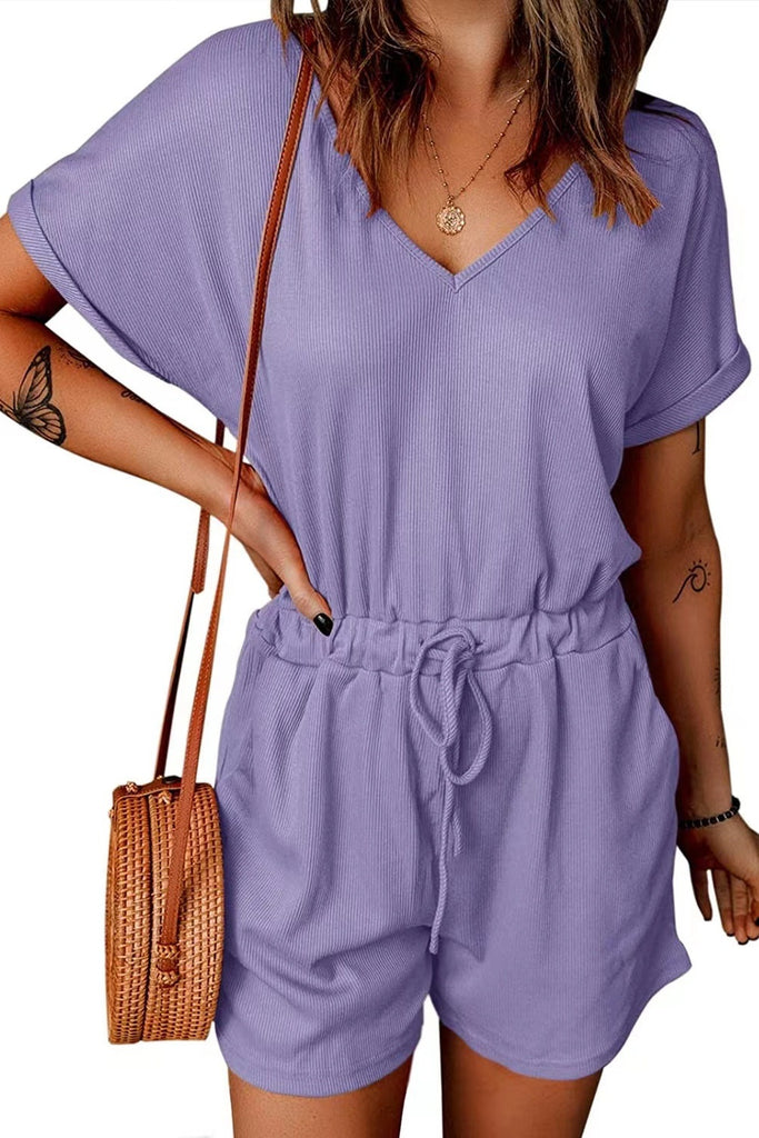 Full Size Drawstring V-Neck Short Sleeve Romper-Timber Brooke Boutique, Online Women's Fashion Boutique in Amarillo, Texas