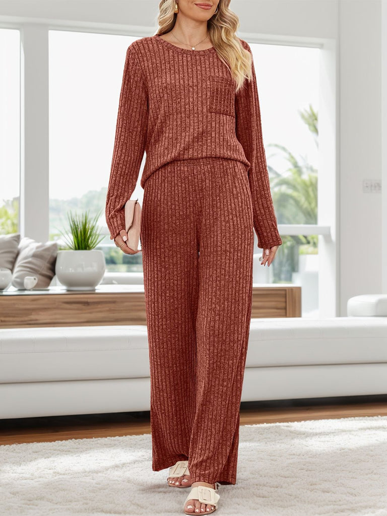 Round Neck Long Sleeve Top and Pants Set-Timber Brooke Boutique, Online Women's Fashion Boutique in Amarillo, Texas