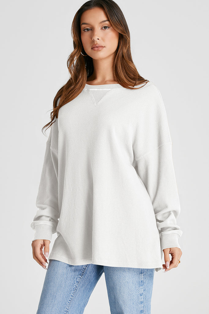 Waffle-Knit Long Sleeve Sweatshirt-Timber Brooke Boutique, Online Women's Fashion Boutique in Amarillo, Texas