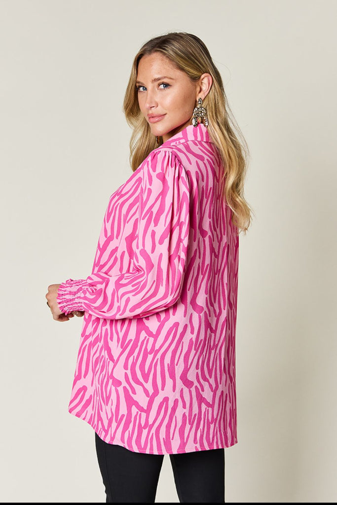 Double Take Full Size Printed Smocked Long Sleeve Blouse-Timber Brooke Boutique, Online Women's Fashion Boutique in Amarillo, Texas