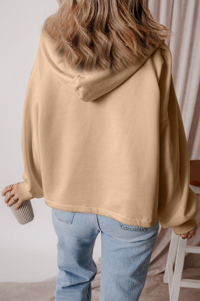 Pocketed Half Zip Dropped Shoulder Hoodie-Timber Brooke Boutique, Online Women's Fashion Boutique in Amarillo, Texas