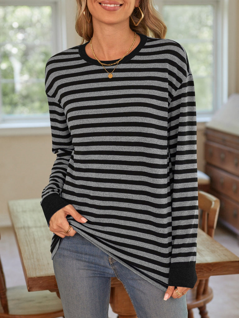 Striped Round Neck Long Sleeve T-Shirt-Timber Brooke Boutique, Online Women's Fashion Boutique in Amarillo, Texas