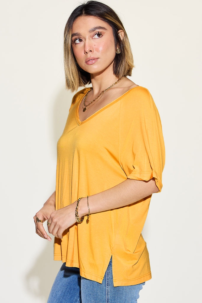 Basic Bae Full Size Bamboo Slit V-Neck Short Sleeve T-Shirt-Timber Brooke Boutique, Online Women's Fashion Boutique in Amarillo, Texas