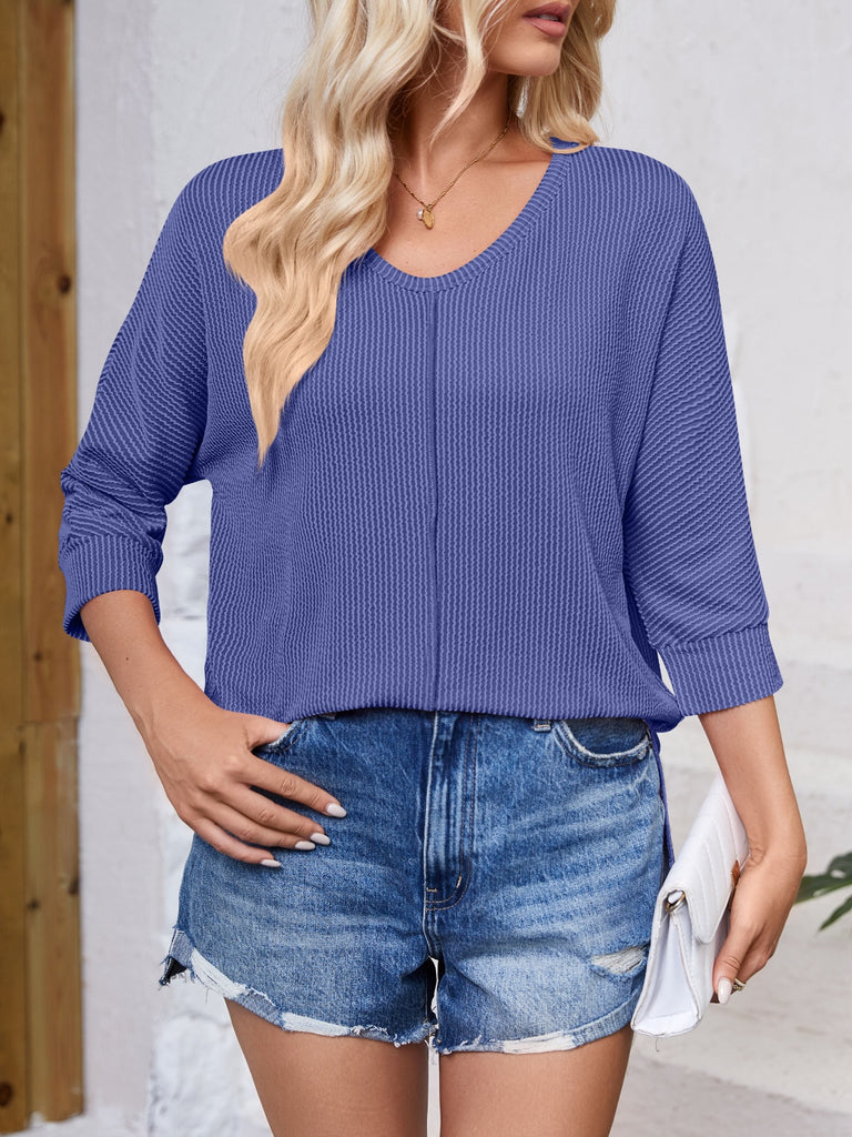 Textured Round Neck Three-Quarter Sleeve Blouse-Timber Brooke Boutique, Online Women's Fashion Boutique in Amarillo, Texas