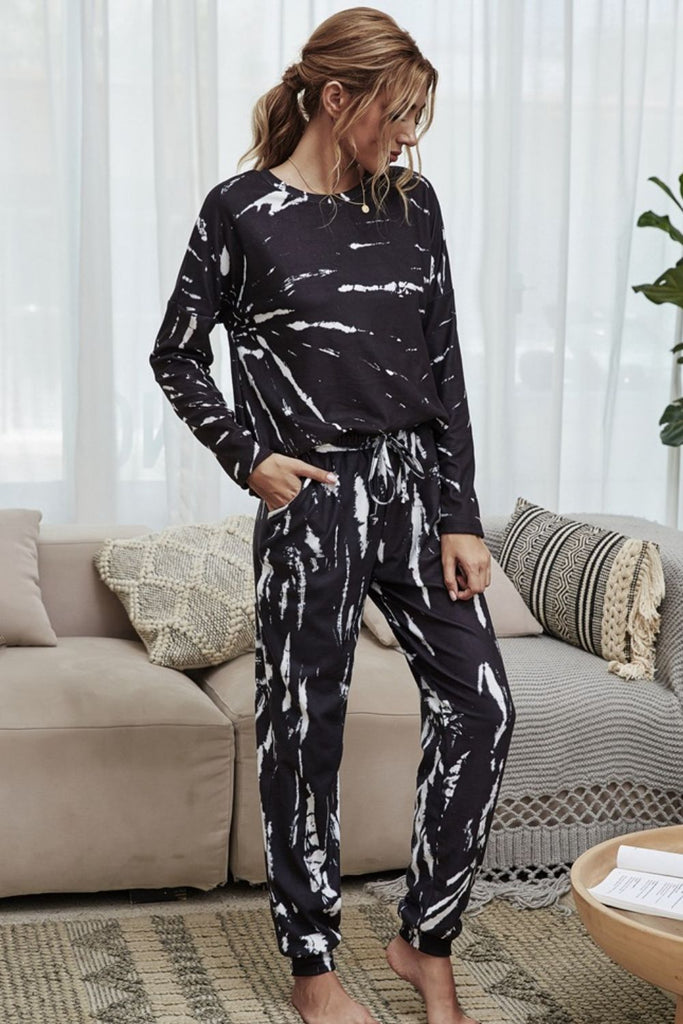 Tie-Dye Round Neck Top and Drawstring Waist Joggers Lounge Set-Timber Brooke Boutique, Online Women's Fashion Boutique in Amarillo, Texas