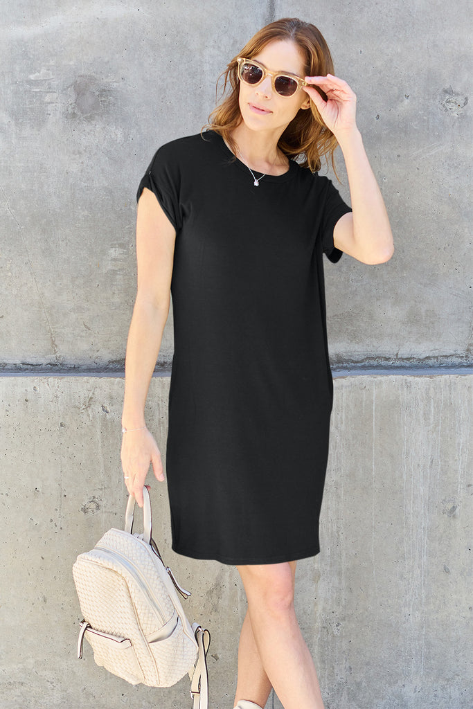 Basic Bae Full Size Round Neck Short Sleeve Dress with Pockets-Timber Brooke Boutique, Online Women's Fashion Boutique in Amarillo, Texas