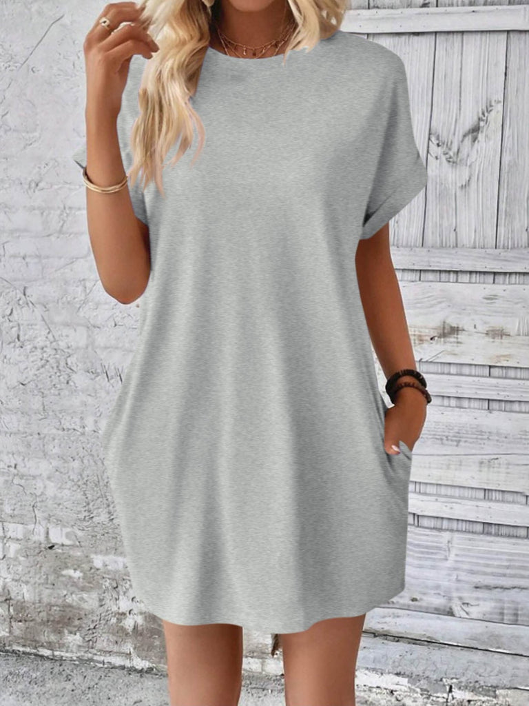 Round Neck Short Sleeve Mini Dress-Timber Brooke Boutique, Online Women's Fashion Boutique in Amarillo, Texas