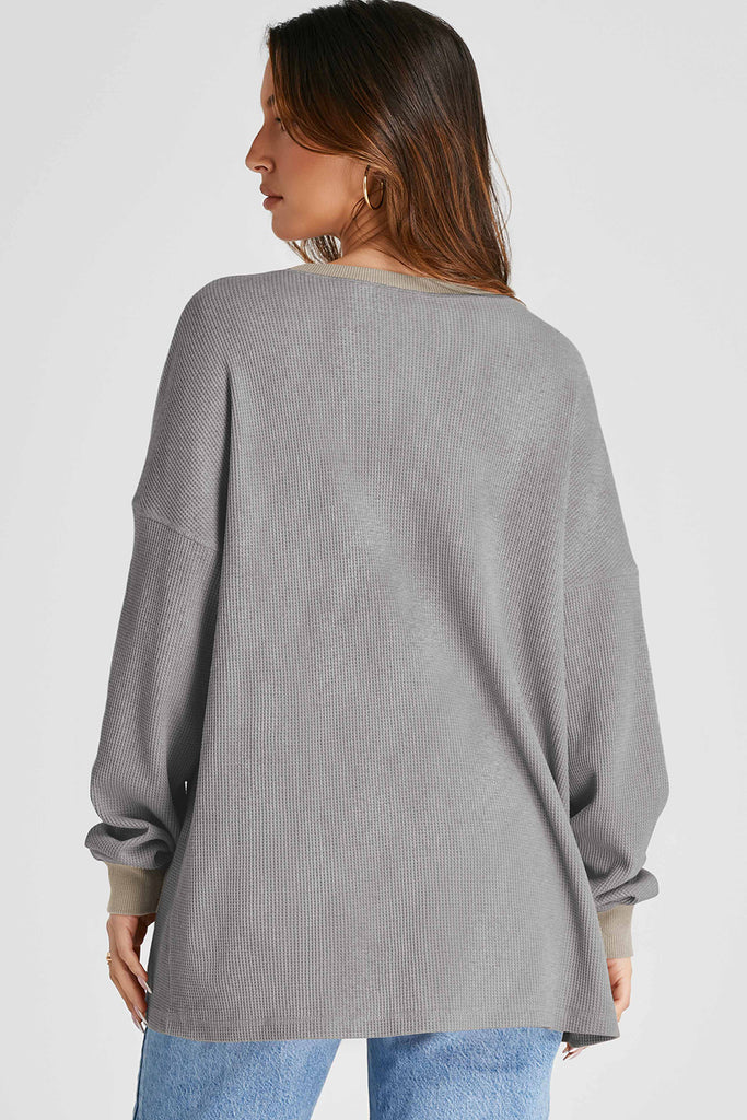 Waffle-Knit Long Sleeve Sweatshirt-Timber Brooke Boutique, Online Women's Fashion Boutique in Amarillo, Texas