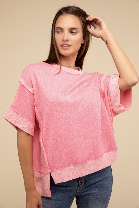 Contrast Trim Top Stitching Drop Shoulder Top-Timber Brooke Boutique, Online Women's Fashion Boutique in Amarillo, Texas