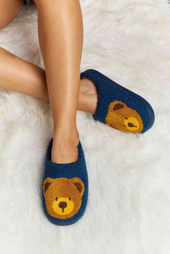 Melody Teddy Bear Print Plush Slide Slippers-Timber Brooke Boutique, Online Women's Fashion Boutique in Amarillo, Texas