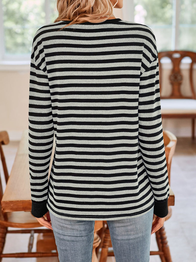 Striped Round Neck Long Sleeve T-Shirt-Timber Brooke Boutique, Online Women's Fashion Boutique in Amarillo, Texas