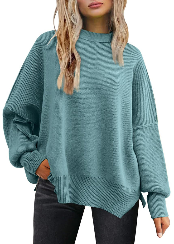 Slit Round Neck Dropped Shoulder Sweater-Timber Brooke Boutique, Online Women's Fashion Boutique in Amarillo, Texas