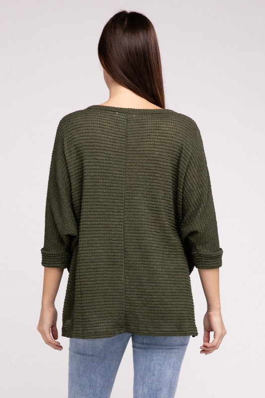 3/4 Sleeve V-Neck Hi-Low Hem Jacquard Sweater-Timber Brooke Boutique, Online Women's Fashion Boutique in Amarillo, Texas