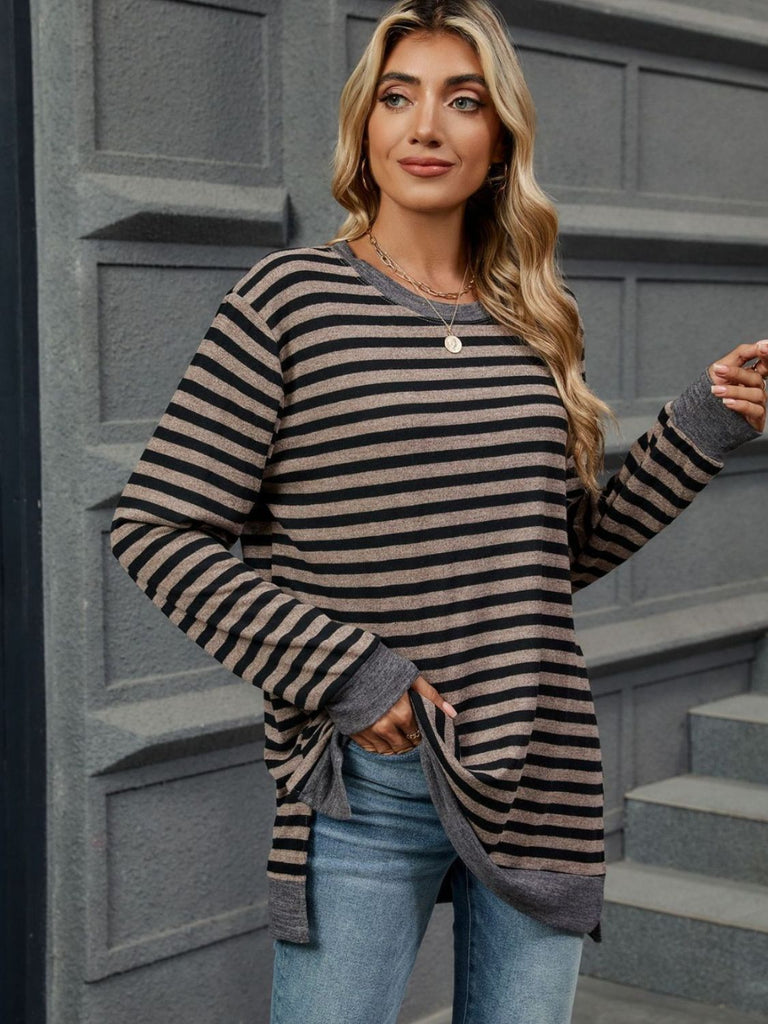 Striped Round Neck Long Sleeve T-Shirt-Timber Brooke Boutique, Online Women's Fashion Boutique in Amarillo, Texas