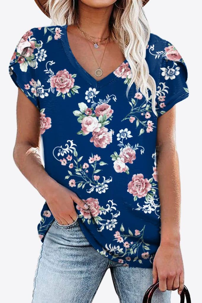 Printed Petal Sleeve V-Neck Blouse-Timber Brooke Boutique, Online Women's Fashion Boutique in Amarillo, Texas