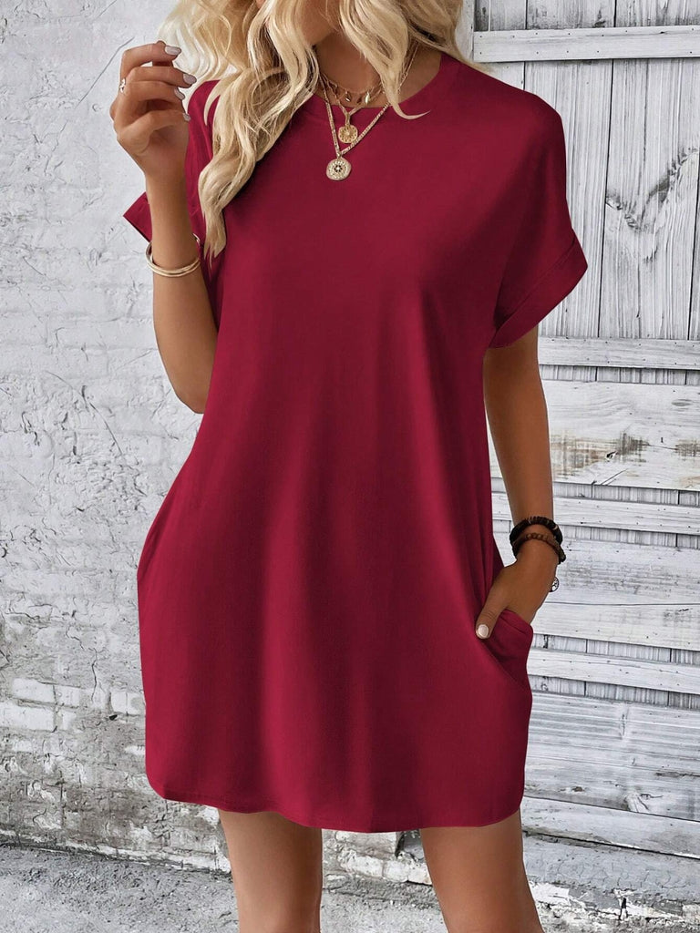 Round Neck Short Sleeve Mini Dress-Timber Brooke Boutique, Online Women's Fashion Boutique in Amarillo, Texas