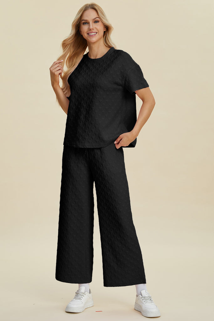 Double Take Full Size Texture Round Neck Short Sleeve Top and Pants Set-Timber Brooke Boutique, Online Women's Fashion Boutique in Amarillo, Texas