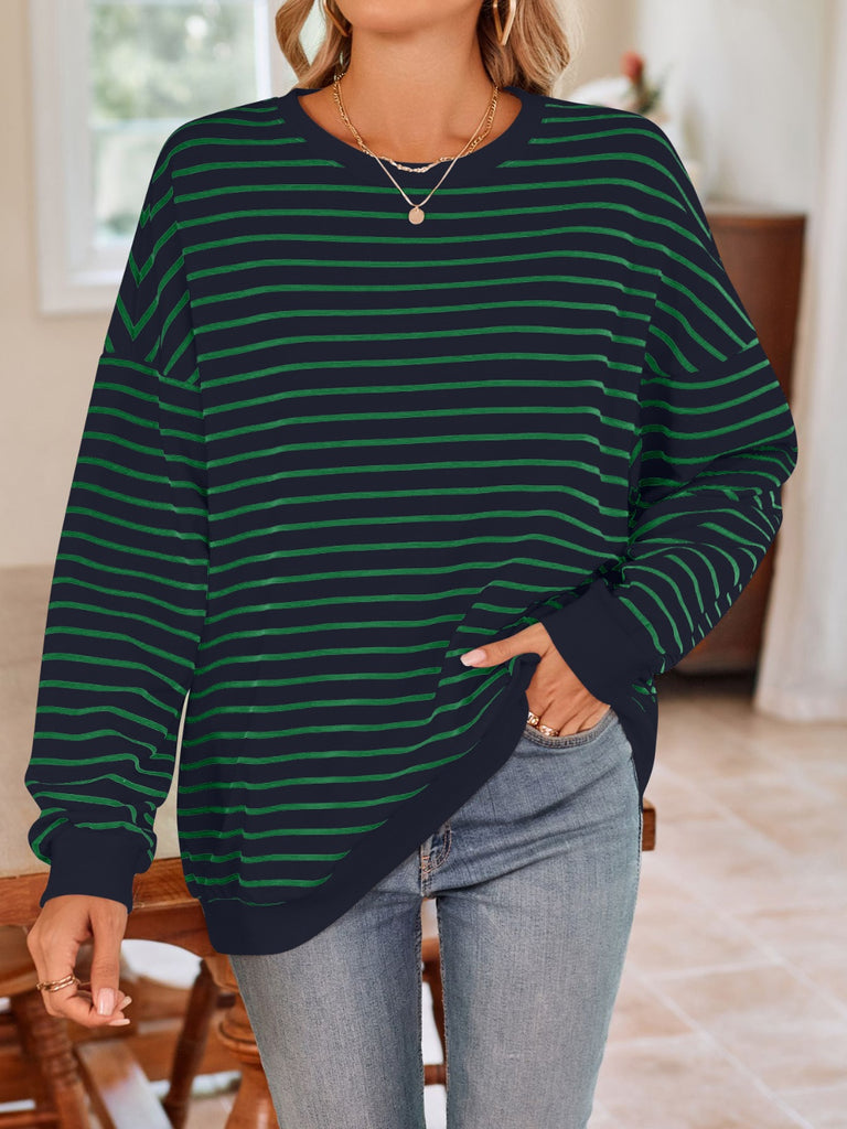 Striped Round Neck Long Sleeve Sweatshirt-Timber Brooke Boutique, Online Women's Fashion Boutique in Amarillo, Texas