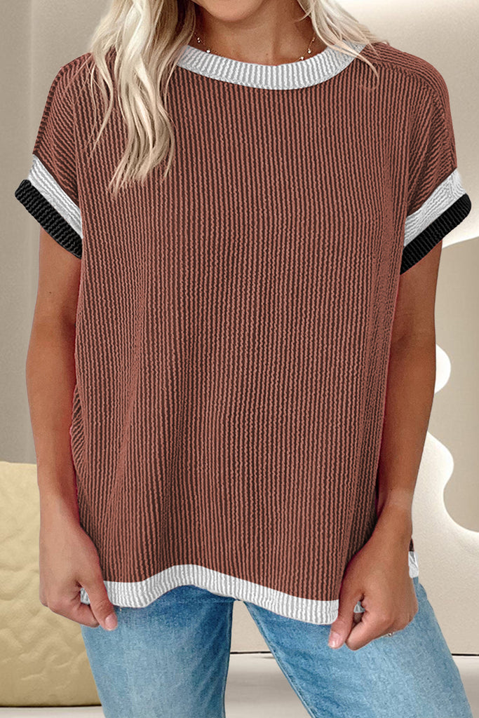 Color Block Round Neck Cap Sleeve T-Shirt-Timber Brooke Boutique, Online Women's Fashion Boutique in Amarillo, Texas