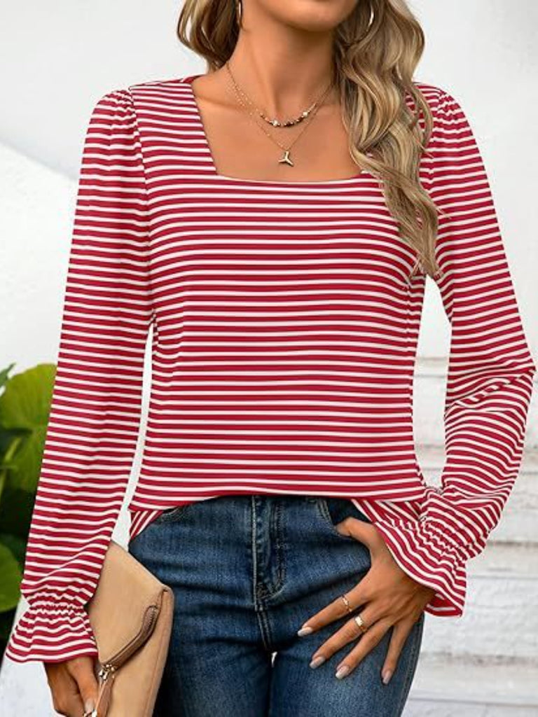 Striped Square Neck Flounce Sleeve Top-Timber Brooke Boutique, Online Women's Fashion Boutique in Amarillo, Texas